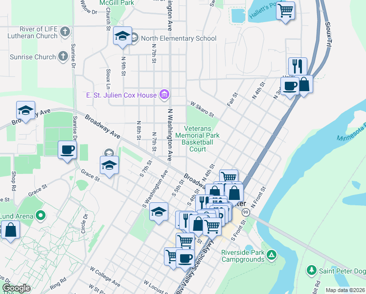 map of restaurants, bars, coffee shops, grocery stores, and more near 216 North 5th Street in Saint Peter