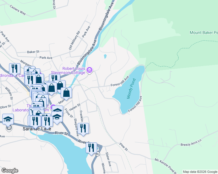 map of restaurants, bars, coffee shops, grocery stores, and more near 80 Forest Hill Avenue in Saranac Lake