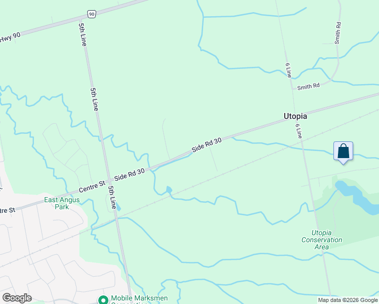 map of restaurants, bars, coffee shops, grocery stores, and more near 6193 Side Road 30 in Utopia