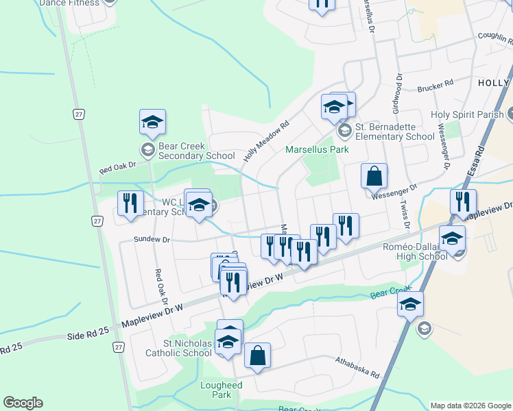 map of restaurants, bars, coffee shops, grocery stores, and more near 82 Butternut Drive in Barrie