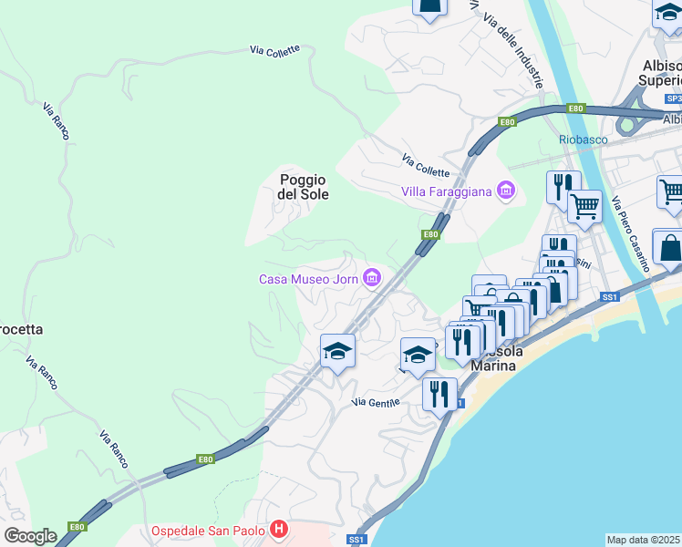 map of restaurants, bars, coffee shops, grocery stores, and more near 65 Via Poggio dell'Orizzonte in Albissola Marina