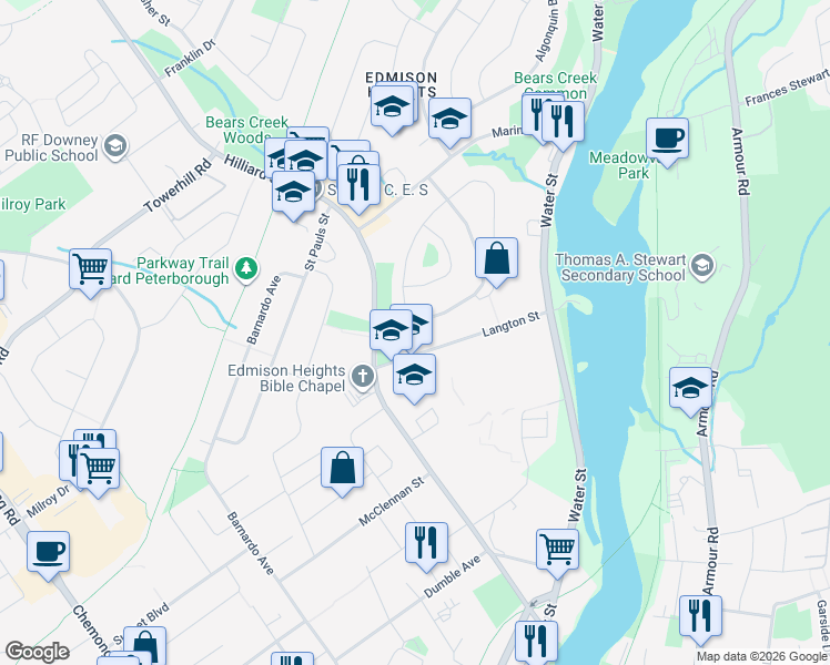 map of restaurants, bars, coffee shops, grocery stores, and more near 953 Oriole Drive in Peterborough