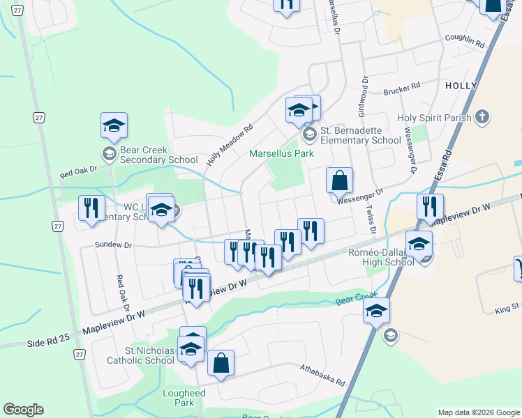map of restaurants, bars, coffee shops, grocery stores, and more near Downing Crescent in Barrie