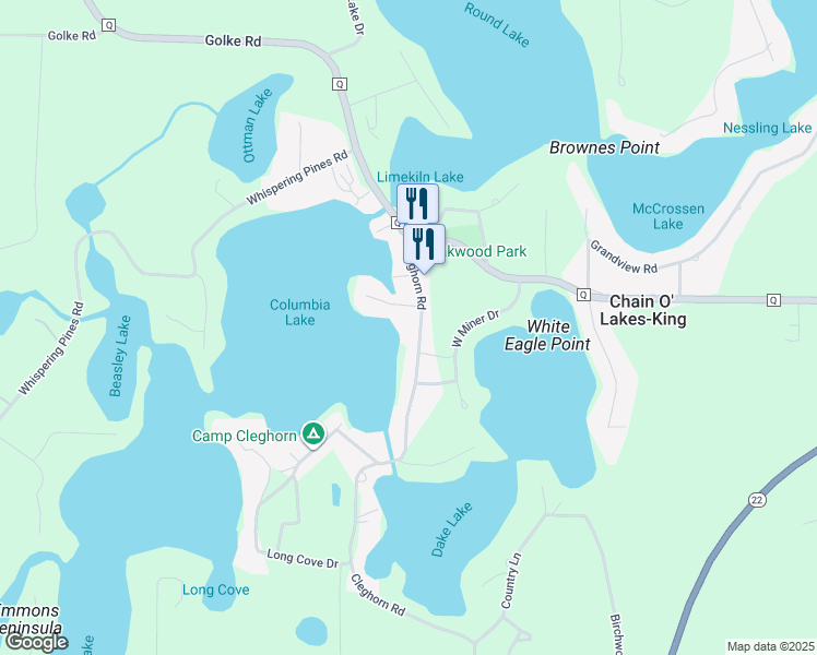 map of restaurants, bars, coffee shops, grocery stores, and more near N2487 Cleghorn Rd in Waupaca