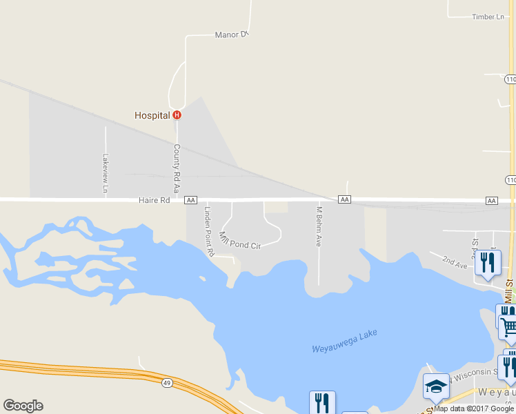 map of restaurants, bars, coffee shops, grocery stores, and more near 1002 Mill Pond Circle in Weyauwega