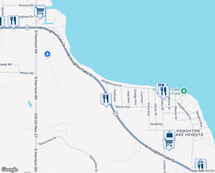 map of restaurants, bars, coffee shops, grocery stores, and more near 111 Scenic Ave in Roscommon Township