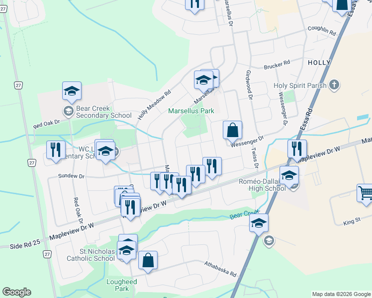 map of restaurants, bars, coffee shops, grocery stores, and more near 35 Victorway Drive in Barrie