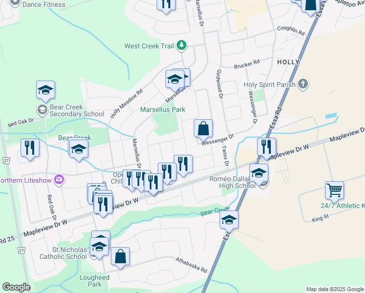map of restaurants, bars, coffee shops, grocery stores, and more near 122 Churchland Drive in Barrie