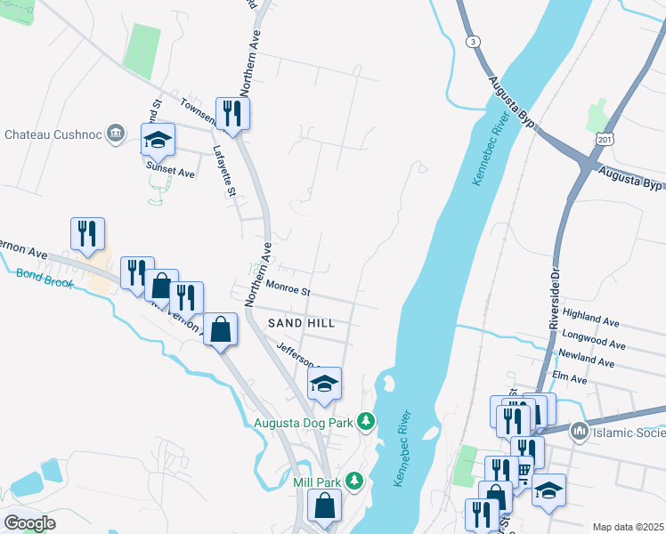 map of restaurants, bars, coffee shops, grocery stores, and more near 16 River Hill Drive in Sidney