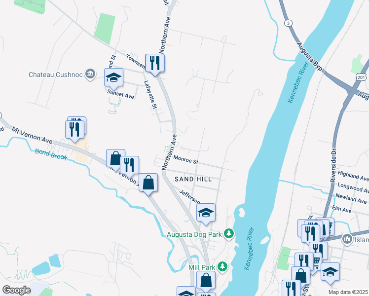 map of restaurants, bars, coffee shops, grocery stores, and more near 57 River Street in Augusta