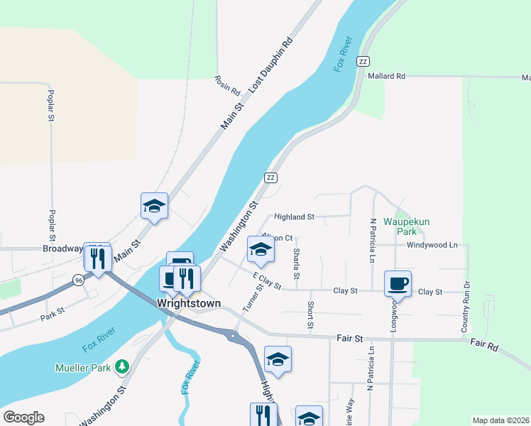 map of restaurants, bars, coffee shops, grocery stores, and more near 381 Highland Street in Wrightstown
