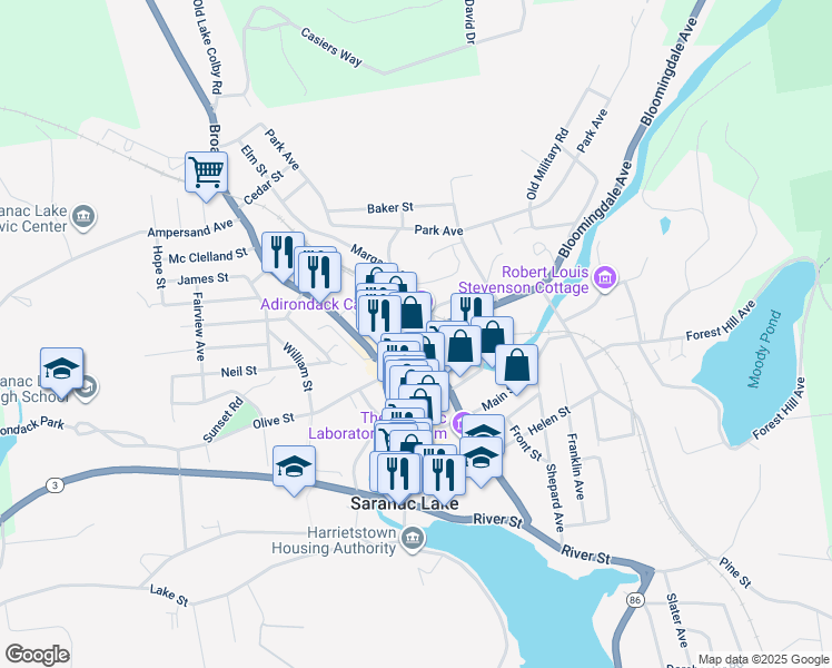 map of restaurants, bars, coffee shops, grocery stores, and more near 29 Bloomingdale Avenue in Saranac Lake