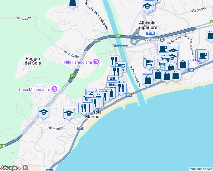 map of restaurants, bars, coffee shops, grocery stores, and more near 31 Via Salomoni in Albissola Marina