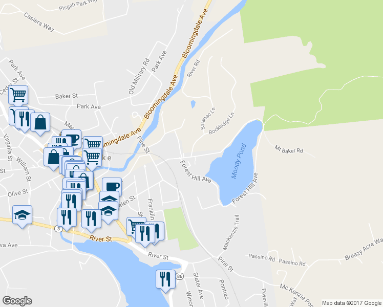map of restaurants, bars, coffee shops, grocery stores, and more near 4 Rockledge Rd in Saranac Lake