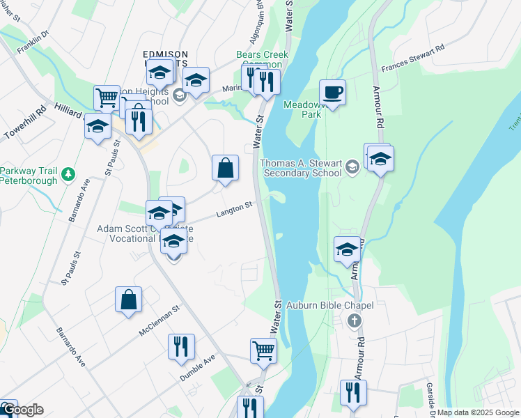 map of restaurants, bars, coffee shops, grocery stores, and more near Water Street in Peterborough