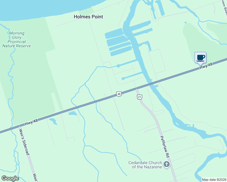 map of restaurants, bars, coffee shops, grocery stores, and more near 30032 Ontario 48 in Georgina