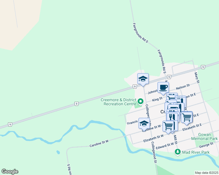 map of restaurants, bars, coffee shops, grocery stores, and more near 7680 County Road 9 in Creemore