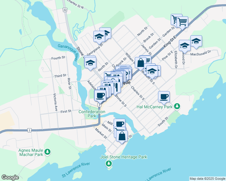 map of restaurants, bars, coffee shops, grocery stores, and more near in Gananoque