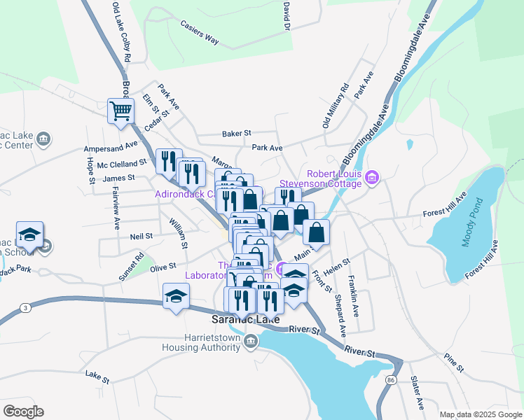 map of restaurants, bars, coffee shops, grocery stores, and more near 29 Bloomingdale Avenue in Saranac Lake