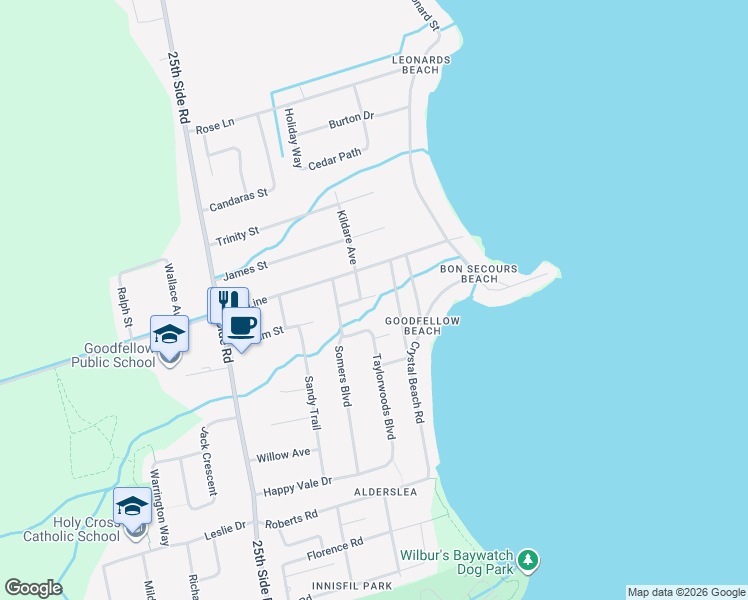 map of restaurants, bars, coffee shops, grocery stores, and more near 2364 Buchanan Street in Innisfil