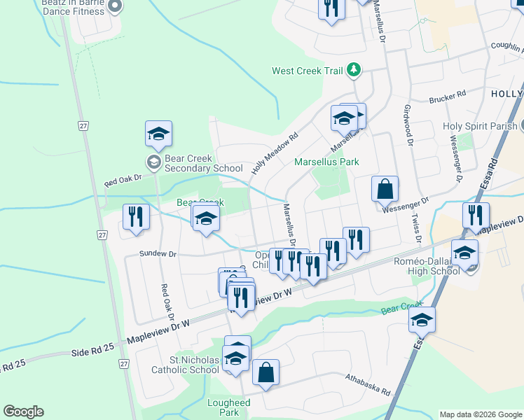 map of restaurants, bars, coffee shops, grocery stores, and more near 15 Timothy Lane in Barrie
