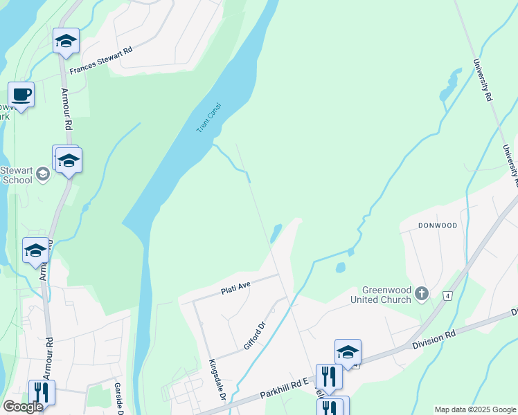 map of restaurants, bars, coffee shops, grocery stores, and more near 2800 Television Road in Peterborough