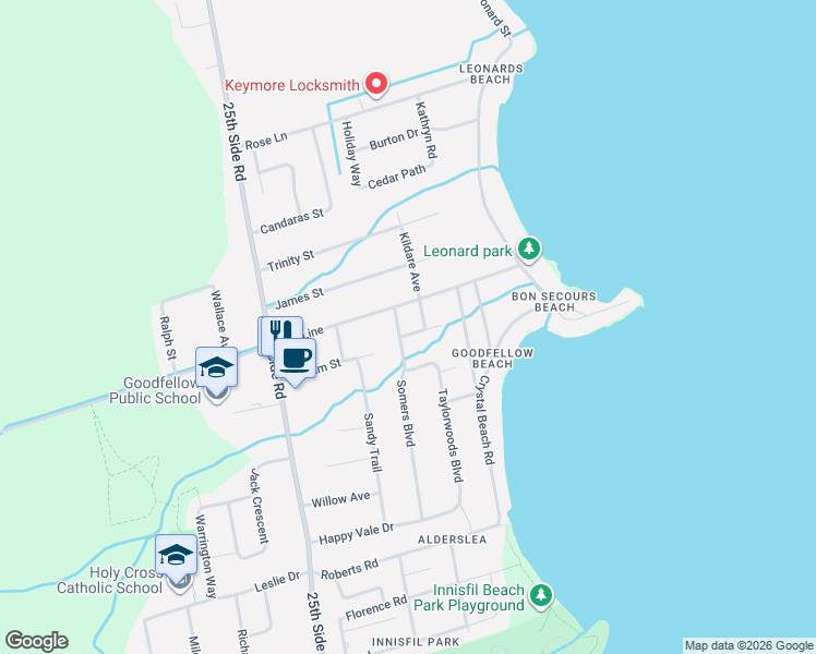 map of restaurants, bars, coffee shops, grocery stores, and more near 705 Reid Street in Innisfil