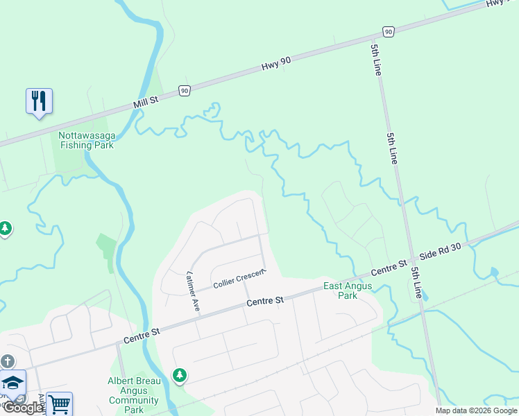 map of restaurants, bars, coffee shops, grocery stores, and more near 80 Blanchard Crescent in Angus