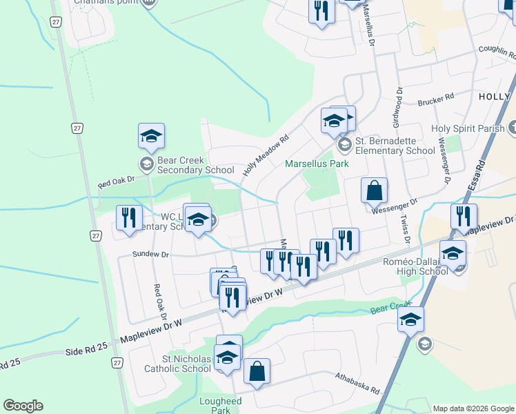 map of restaurants, bars, coffee shops, grocery stores, and more near Timothy Lane in Barrie