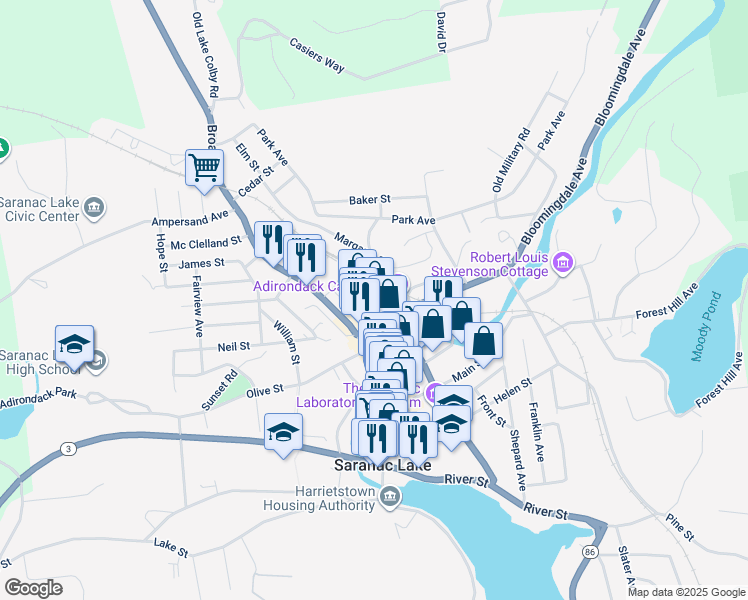map of restaurants, bars, coffee shops, grocery stores, and more near in Saranac Lake