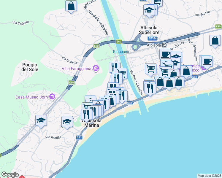 map of restaurants, bars, coffee shops, grocery stores, and more near 41 Via del Forte in Albissola Marina
