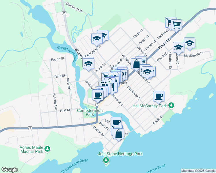map of restaurants, bars, coffee shops, grocery stores, and more near in Gananoque
