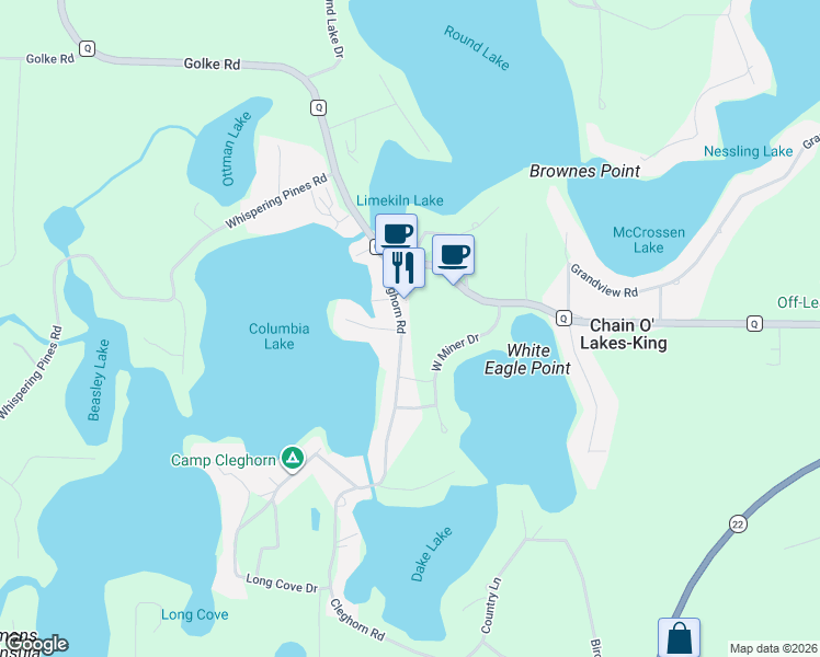 map of restaurants, bars, coffee shops, grocery stores, and more near N2480 Cleghorn Road in Waupaca