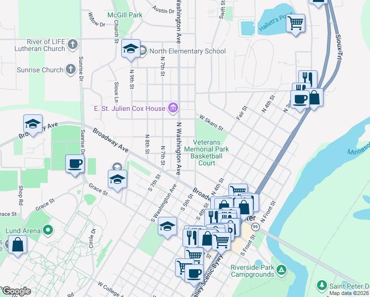map of restaurants, bars, coffee shops, grocery stores, and more near 216 North 5th Street in Saint Peter