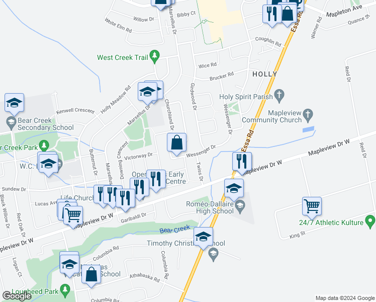 map of restaurants, bars, coffee shops, grocery stores, and more near 132 Wessenger Drive in Barrie