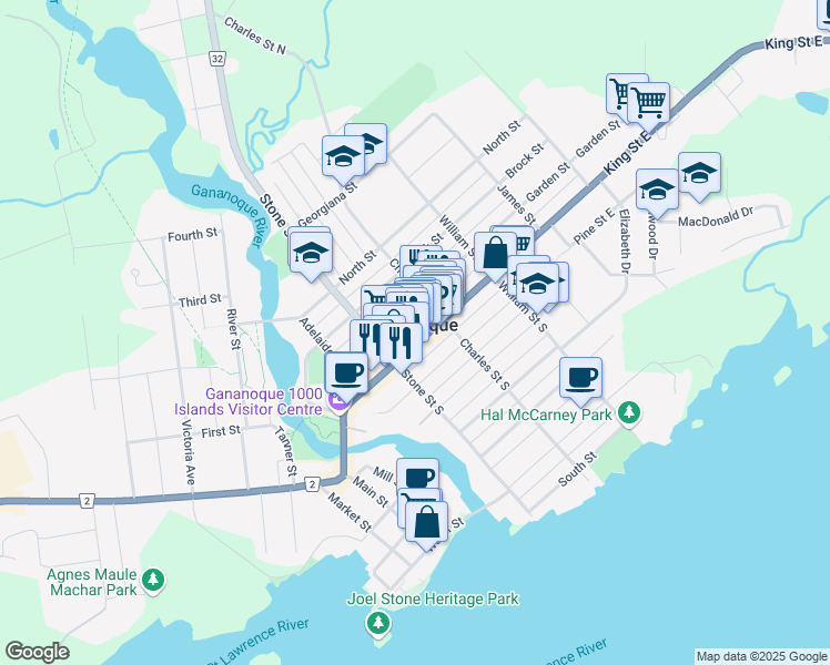 map of restaurants, bars, coffee shops, grocery stores, and more near 154 King Street East in Gananoque