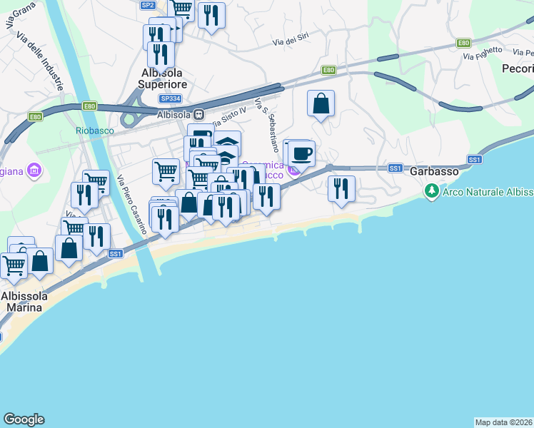 map of restaurants, bars, coffee shops, grocery stores, and more near 37 Via San Giorgio in Albisola Superiore