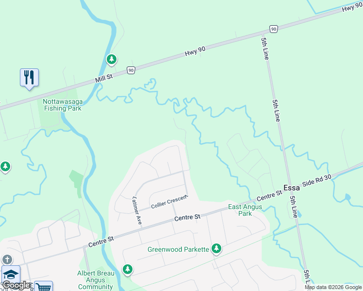 map of restaurants, bars, coffee shops, grocery stores, and more near 68 Blanchard Crescent in Essa