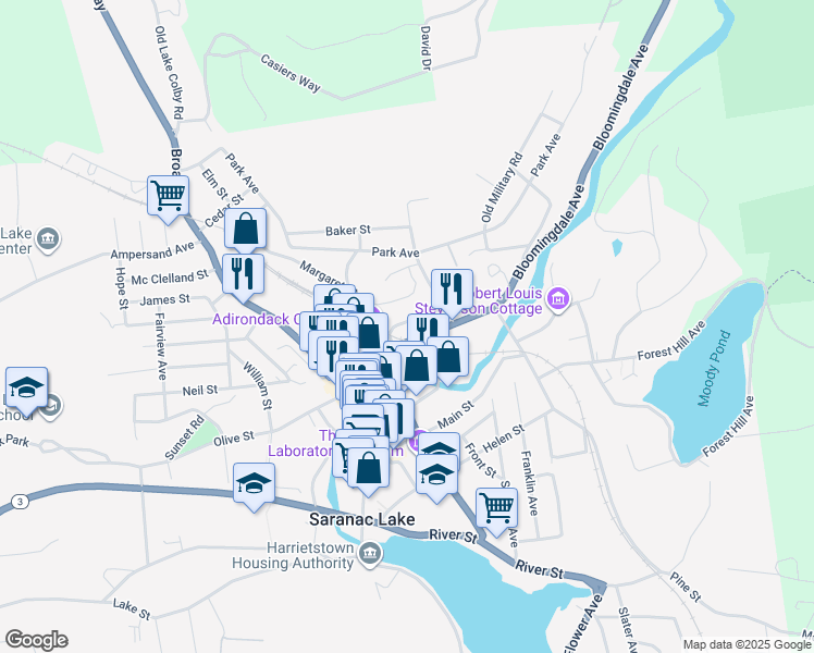 map of restaurants, bars, coffee shops, grocery stores, and more near 16 Marshall Street in Saranac Lake