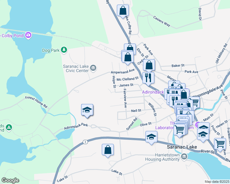 map of restaurants, bars, coffee shops, grocery stores, and more near 6 Charles Street in Saranac Lake