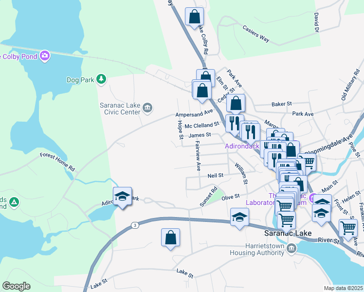 map of restaurants, bars, coffee shops, grocery stores, and more near 2 Charles Street in Saranac Lake
