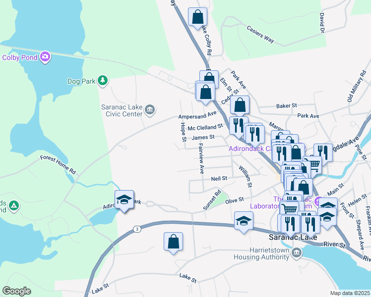 map of restaurants, bars, coffee shops, grocery stores, and more near 6 Charles Street in Saranac Lake