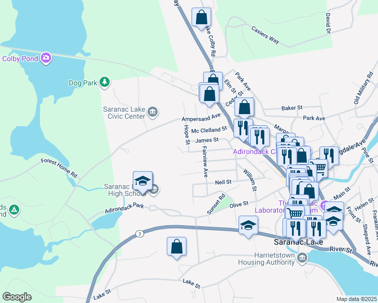 map of restaurants, bars, coffee shops, grocery stores, and more near 2 Charles Street in Saranac Lake