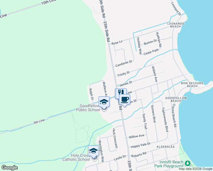 map of restaurants, bars, coffee shops, grocery stores, and more near 2439 Wallace Avenue in Innisfil