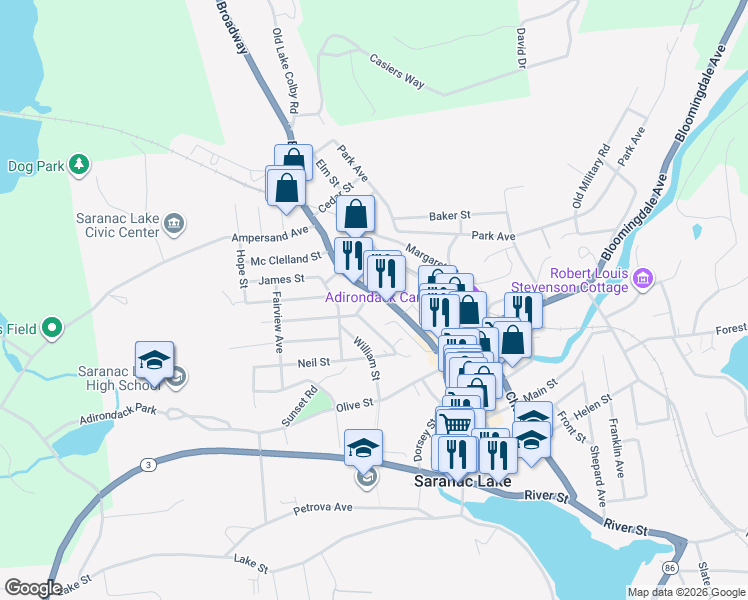 map of restaurants, bars, coffee shops, grocery stores, and more near 147-167 Broadway Street in Saranac Lake