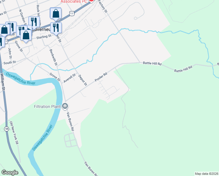 map of restaurants, bars, coffee shops, grocery stores, and more near 501-519 Sleepy Hollow Road in Gouverneur