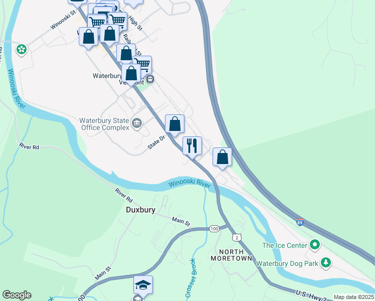 map of restaurants, bars, coffee shops, grocery stores, and more near 144 South Main Street in Waterbury Village Historic District