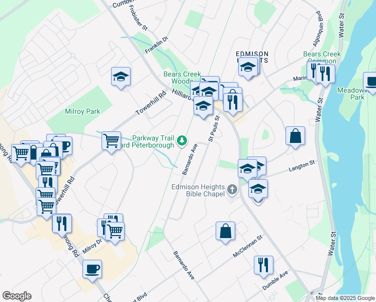 map of restaurants, bars, coffee shops, grocery stores, and more near 1113 Barnardo Avenue in Peterborough