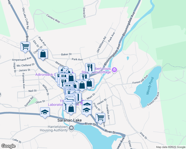 map of restaurants, bars, coffee shops, grocery stores, and more near 72 Bloomingdale Avenue in Saranac Lake