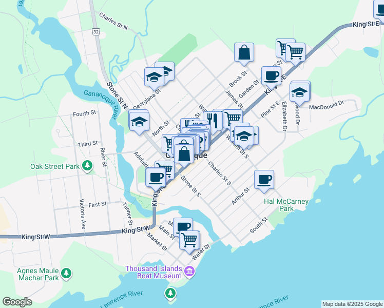 map of restaurants, bars, coffee shops, grocery stores, and more near 154 King Street East in Gananoque